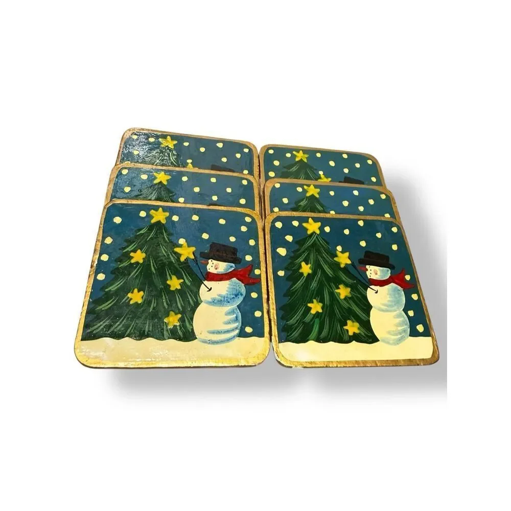 Vintage Snowman Wood Coasters Set of 6 Christmas‎ Drink Coasters in Box 80s